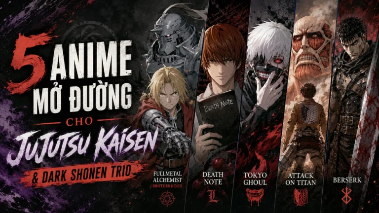 5 anime ảnh hưởng đến Jujutsu Kaisen và Dark Shonen Trio gồm Fullmetal Alchemist, Death Note, Tokyo Ghoul, Attack on Titan và Berserk.