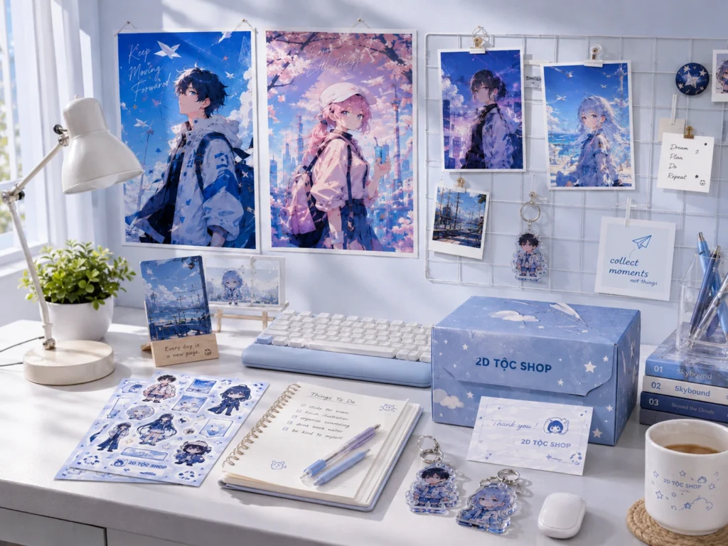 Góc bàn học trang trí bằng poster, postcard và phụ kiện phong cách anime