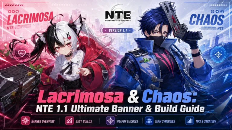 Banner NTE 1.1 giới thiệu Lacrimosa và Chaos cùng thông tin banner, cách build và đội hình đề xuất