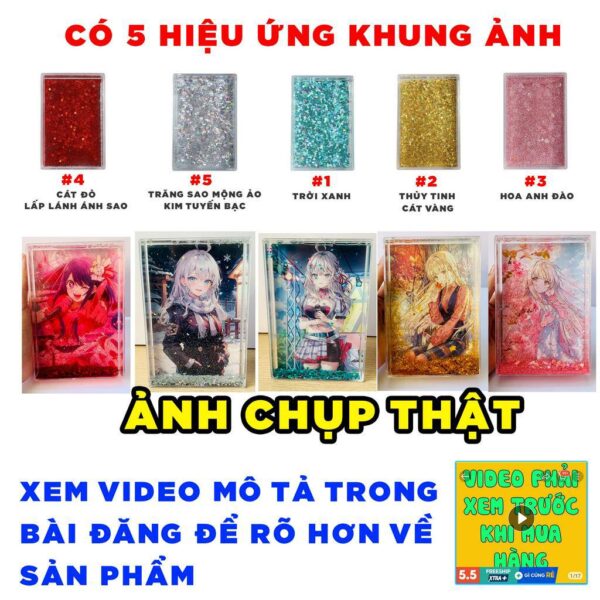 (IN HÌNH THEO YÊU CẦU) Khung ảnh chất lỏng để bàn hiệu ứng kim tuyến lấp lánh nhiều màu khác nhau Anime Manga Light Nove