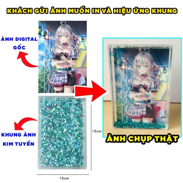 (IN HÌNH THEO YÊU CẦU) Khung ảnh chất lỏng để bàn hiệu ứng kim tuyến lấp lánh nhiều màu khác nhau Anime Manga Light Nove