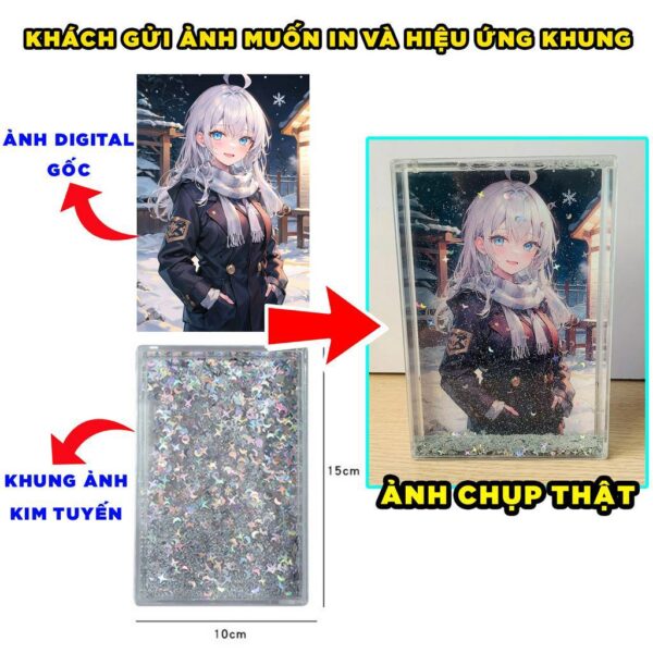 (IN HÌNH THEO YÊU CẦU) Khung ảnh chất lỏng để bàn hiệu ứng kim tuyến lấp lánh nhiều màu khác nhau Anime Manga Light Nove