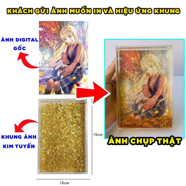 (IN HÌNH THEO YÊU CẦU) Khung ảnh chất lỏng để bàn hiệu ứng kim tuyến lấp lánh nhiều màu khác nhau Anime Manga Light Nove