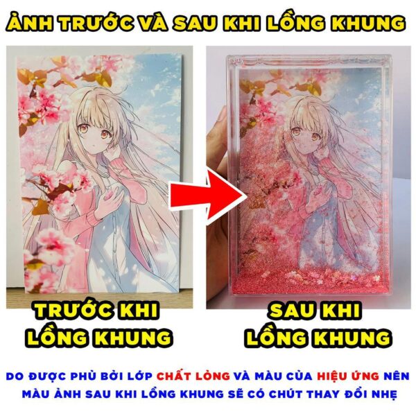 (IN HÌNH THEO YÊU CẦU) Khung ảnh chất lỏng để bàn hiệu ứng kim tuyến lấp lánh nhiều màu khác nhau Anime Manga Light Nove