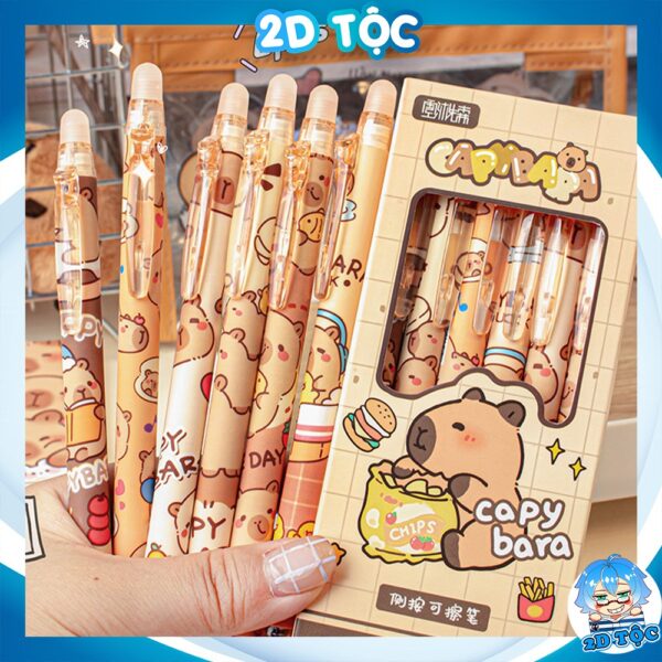 Combo 6 Cây Bút Gel Capybara, 0,5mm Có Đầu Xoá Được Dạng Bấm, Bút Bi Xóa Được Nhiều Mẫu Capybara Cute Mực Xanh, Mực Đen