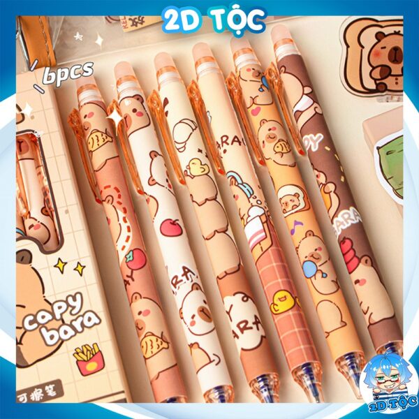 Combo 6 Cây Bút Gel Capybara, 0,5mm Có Đầu Xoá Được Dạng Bấm, Bút Bi Xóa Được Nhiều Mẫu Capybara Cute Mực Xanh, Mực Đen