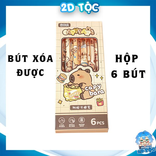 Combo 6 Cây Bút Gel Capybara, 0,5mm Có Đầu Xoá Được Dạng Bấm, Bút Bi Xóa Được Nhiều Mẫu Capybara Cute Mực Xanh, Mực Đen