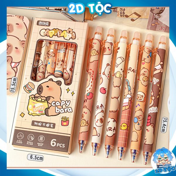 Combo 6 Cây Bút Gel Capybara, 0,5mm Có Đầu Xoá Được Dạng Bấm, Bút Bi Xóa Được Nhiều Mẫu Capybara Cute Mực Xanh, Mực Đen