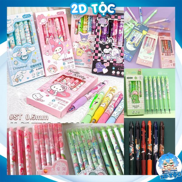 Combo 6 Cây Bút Gel Capybara, 0,5mm Có Đầu Xoá Được Dạng Bấm, Bút Bi Xóa Được Nhiều Mẫu Capybara Cute Mực Xanh, Mực Đen