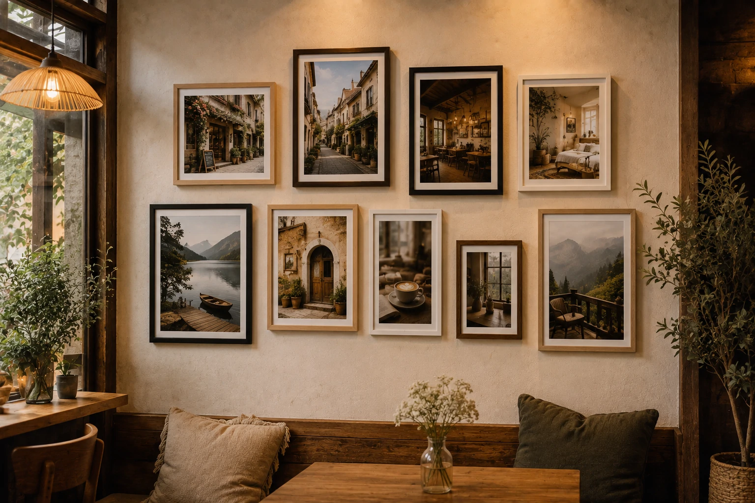 Khung ảnh theo yêu cầu – bộ khung ảnh decor quán cà phê và homestay