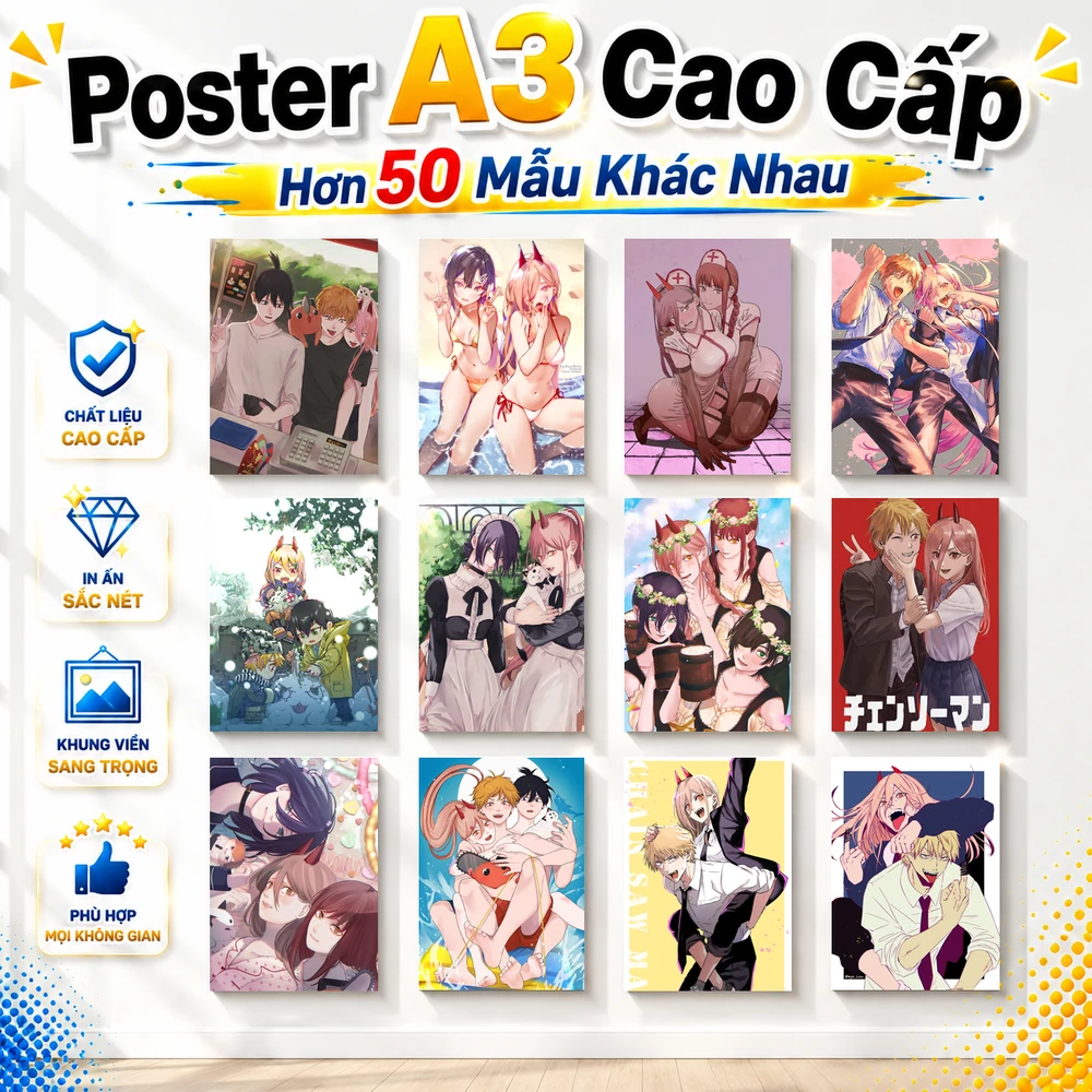 Poster A3 Ảnh Tổng Hợp CSM Anime Mang Chainsaw Man Bền Đẹp Có Cán Màng Bóng Bề Mặt