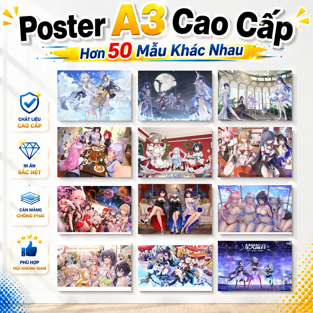Poster A3 Anh Tông Hợp HI3 Game Honkai Impact 3rd Bền Đẹp Có Cán Màng Bóng Bề Mặt