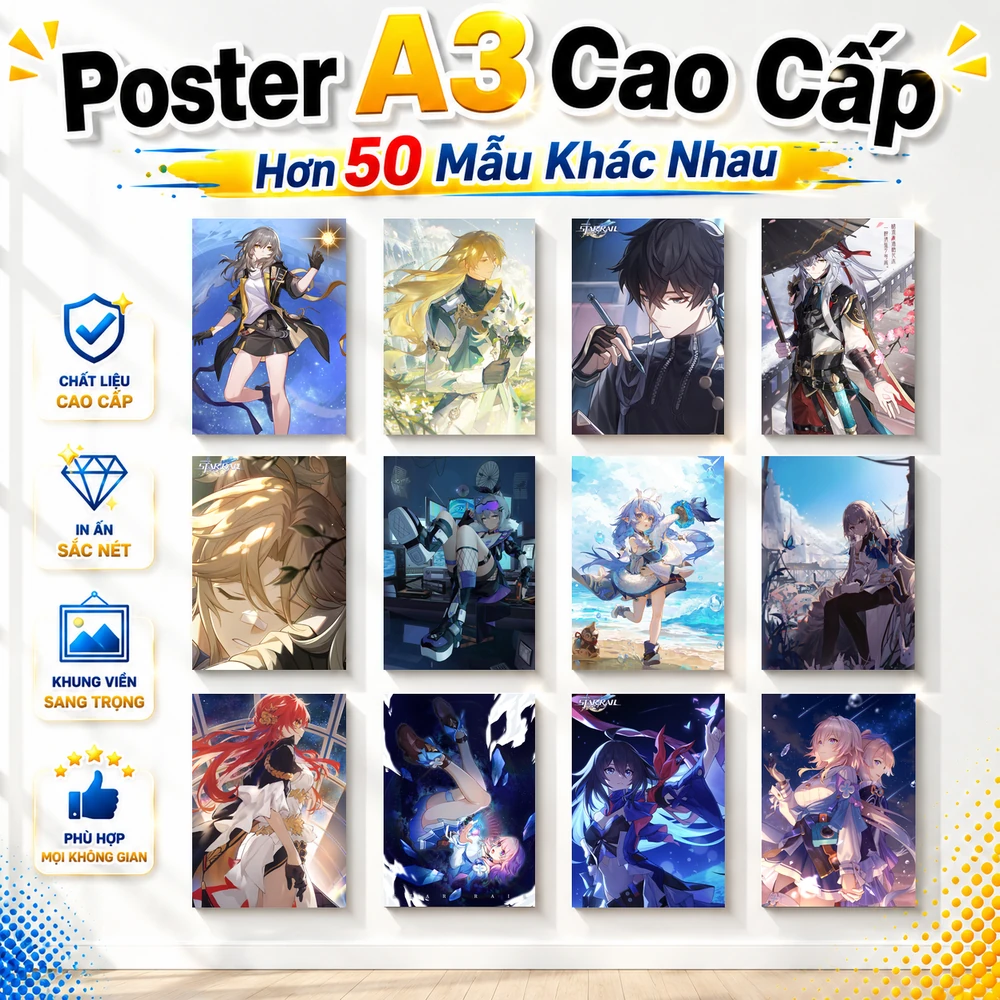 Poster A3 Ảnh Tổng Hợp HKSR #1 Game Honkai Star Rail Bền Đẹp Có Cán Màng Bóng Bề Mặt