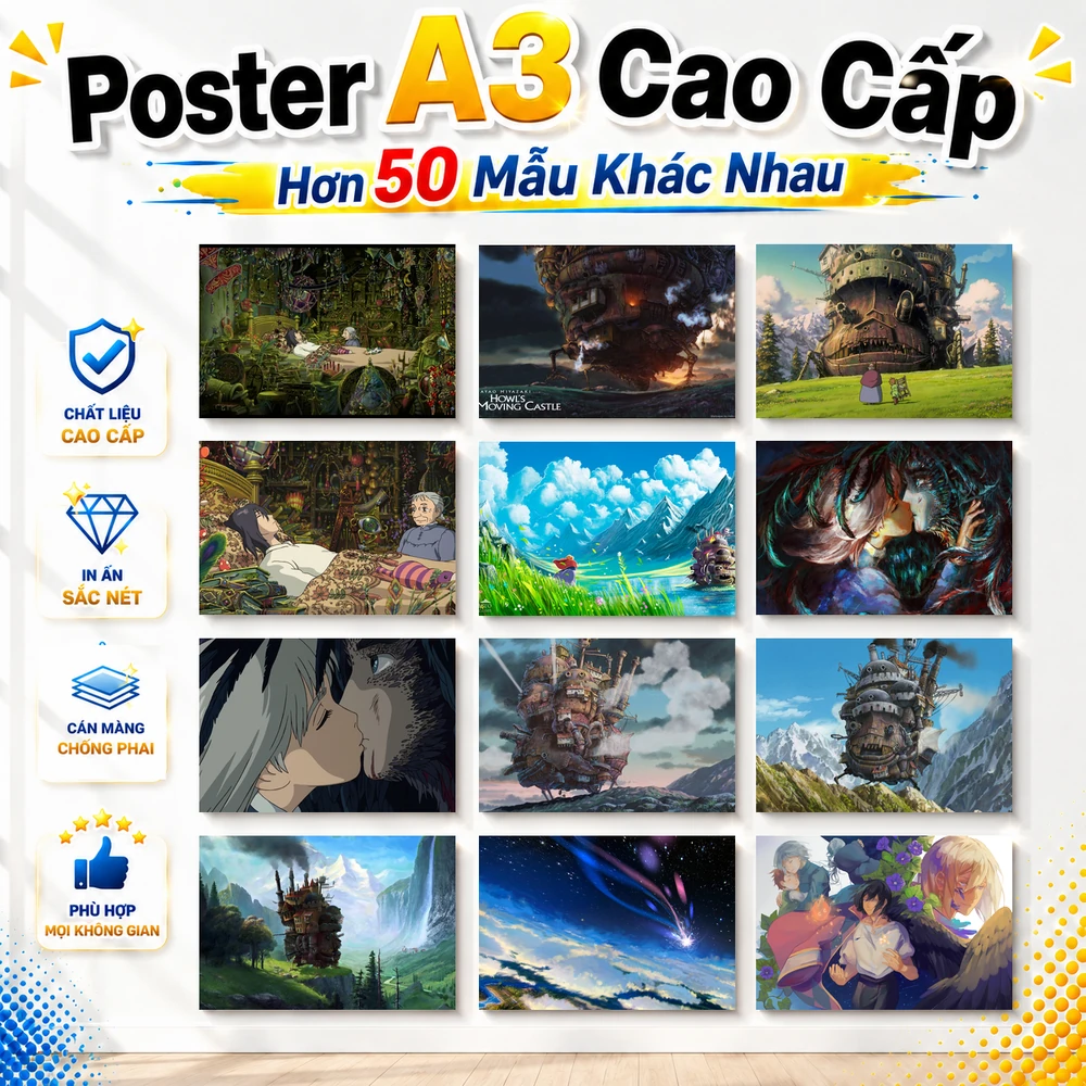 Poster A3 Ảnh Tổng Hợp Howl Anime Lâu đài di động của Howl - Howl's Moving Bền Đẹp Có Cán Màng Bóng Bề Mặt