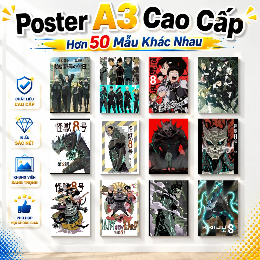 Poster A3 Anh Tổng Hợp KN8 Anime Manga Kaiju no 8 Bền Đẹp Có Cán Màng Bóng Bề Mặt