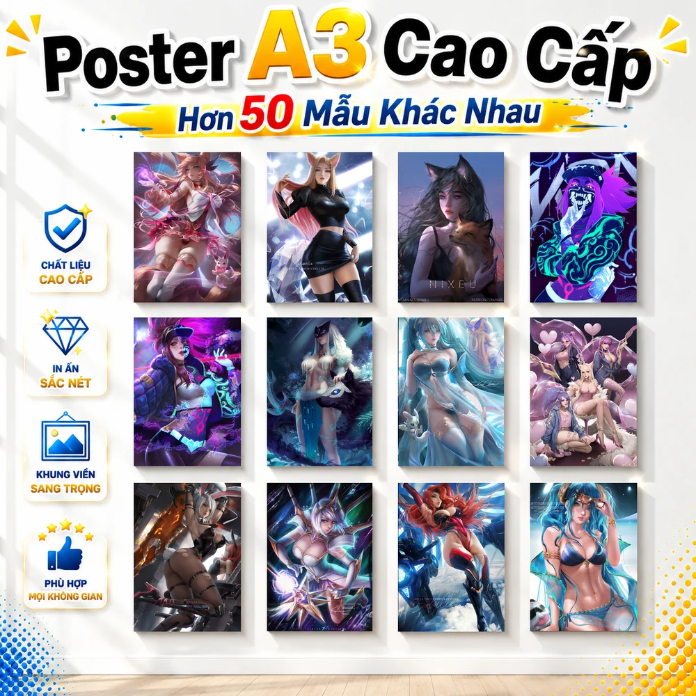 Poster A3 Ảnh Tổng Hợp LOL Game Liên Minh Huyền Thoại Bền Đẹp Có Cán Màng Bóng Bề Mặt