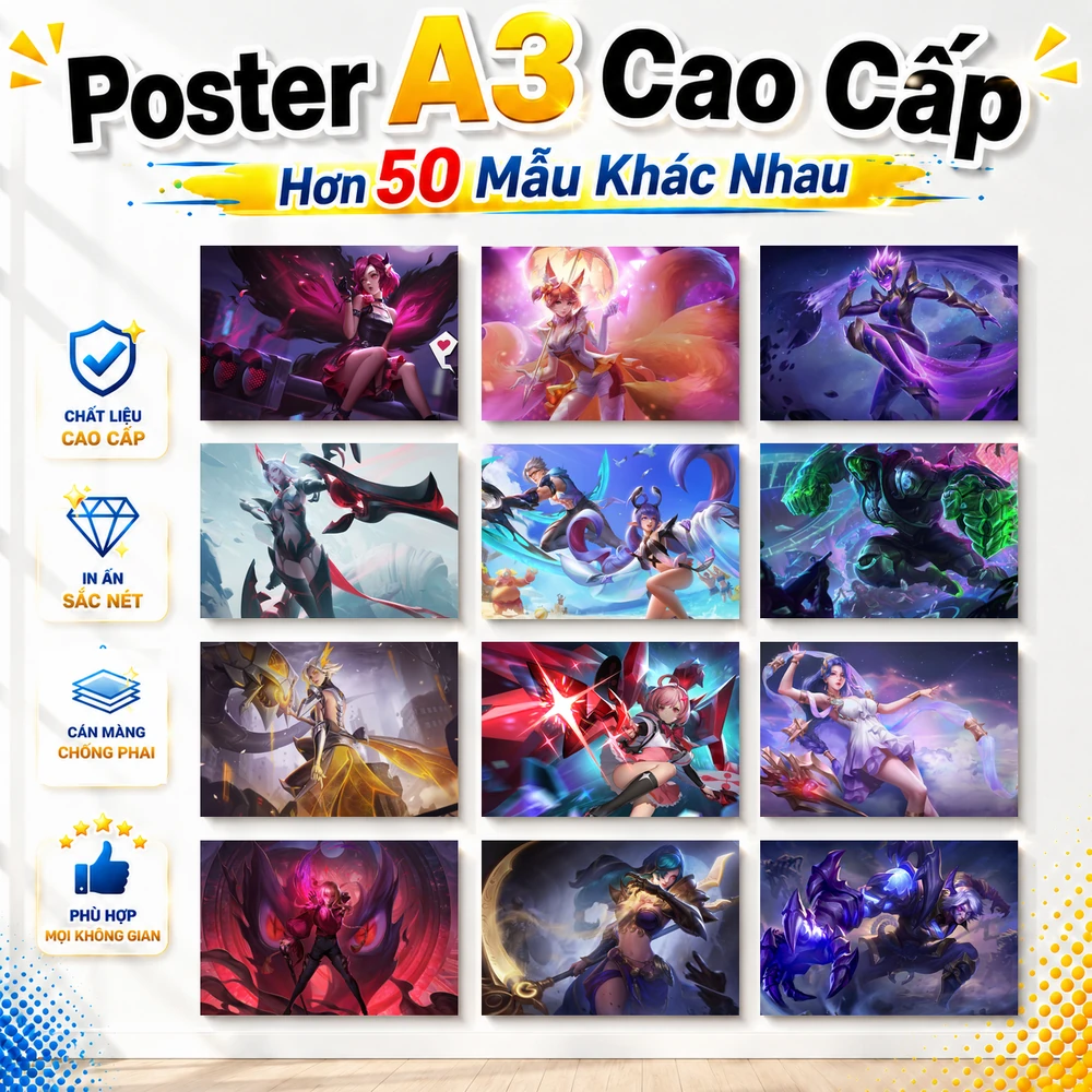 Poster A3 Ảnh Tổng Hớp LQMB Game Liên Quân Mobile Bền Đẹp Có Cán Màng Bóng Bề Mặt