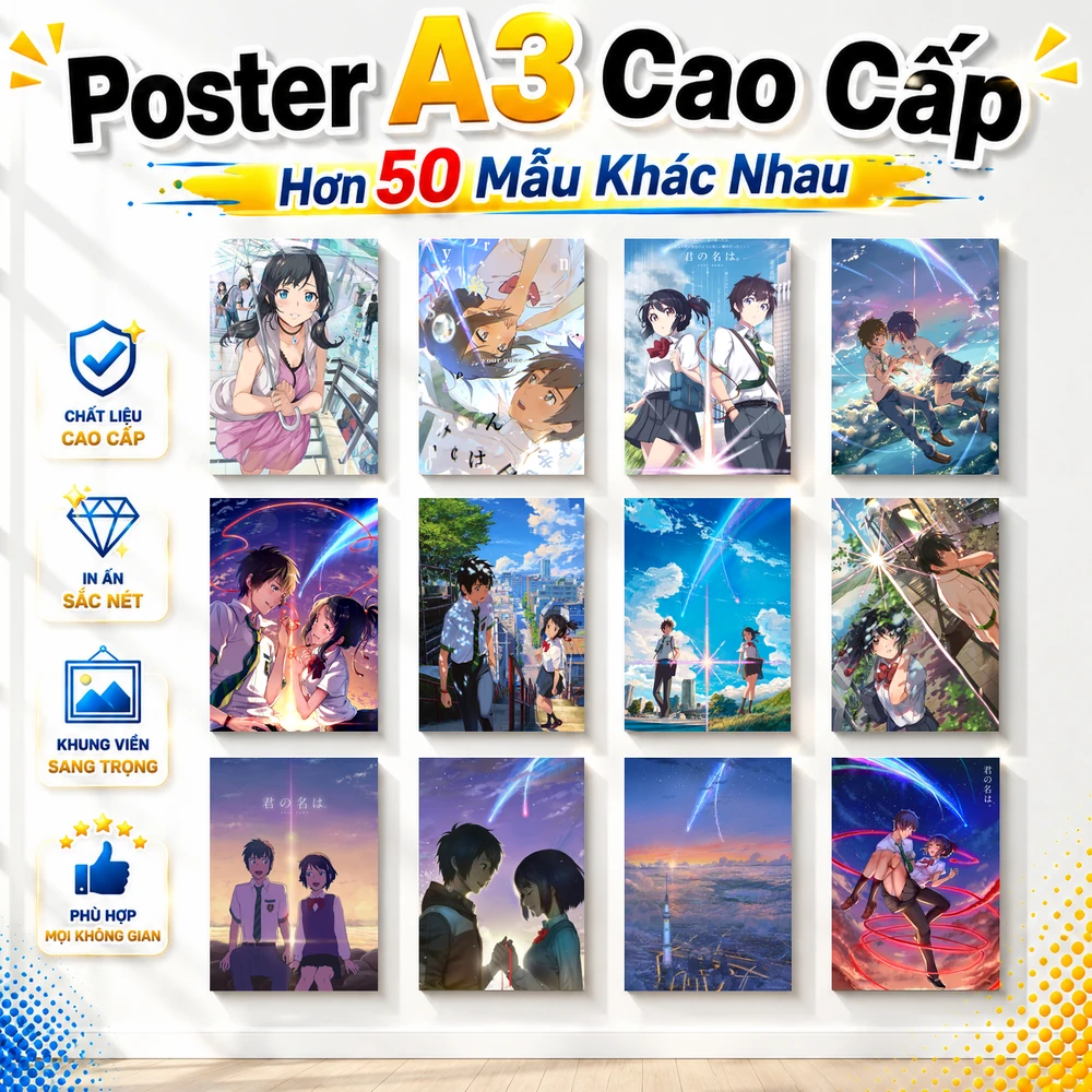 Poster A3 Ảnh Tổng Hợp YN Anime Manga Kimi no Na wa Your Name Bền Đẹp Có Cán Màng Bóng Bề Mặt