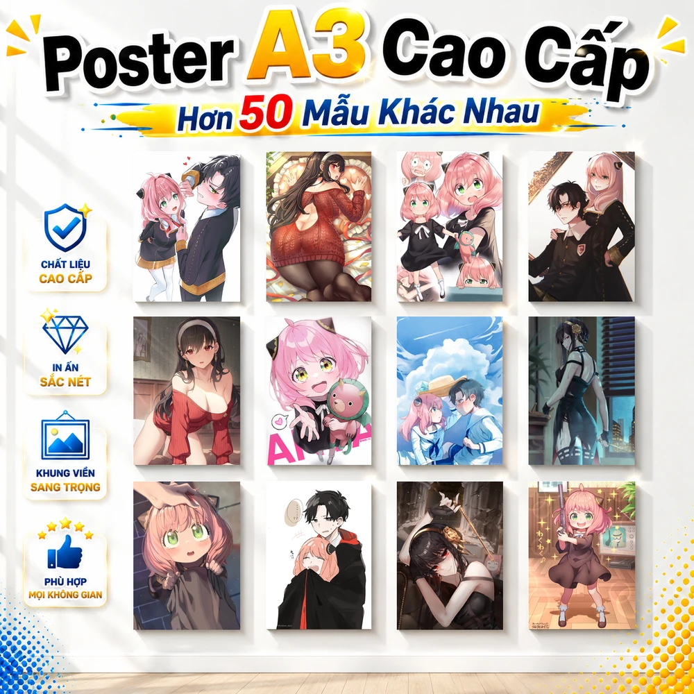Poster A3 Arya, Loid, Yor Anime Manga Spy x Family Bền Đẹp Có Cán Màng Bóng Bề Mặt