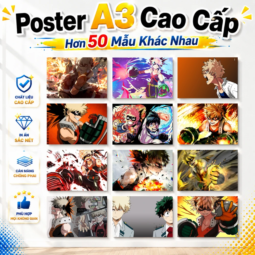Poster A3 Bakugo Katsuki Anime Manga My Hero Academia - Học Viện Anh Hùng Bền Đẹp Có Cán Màng Bóng Bề Mặt