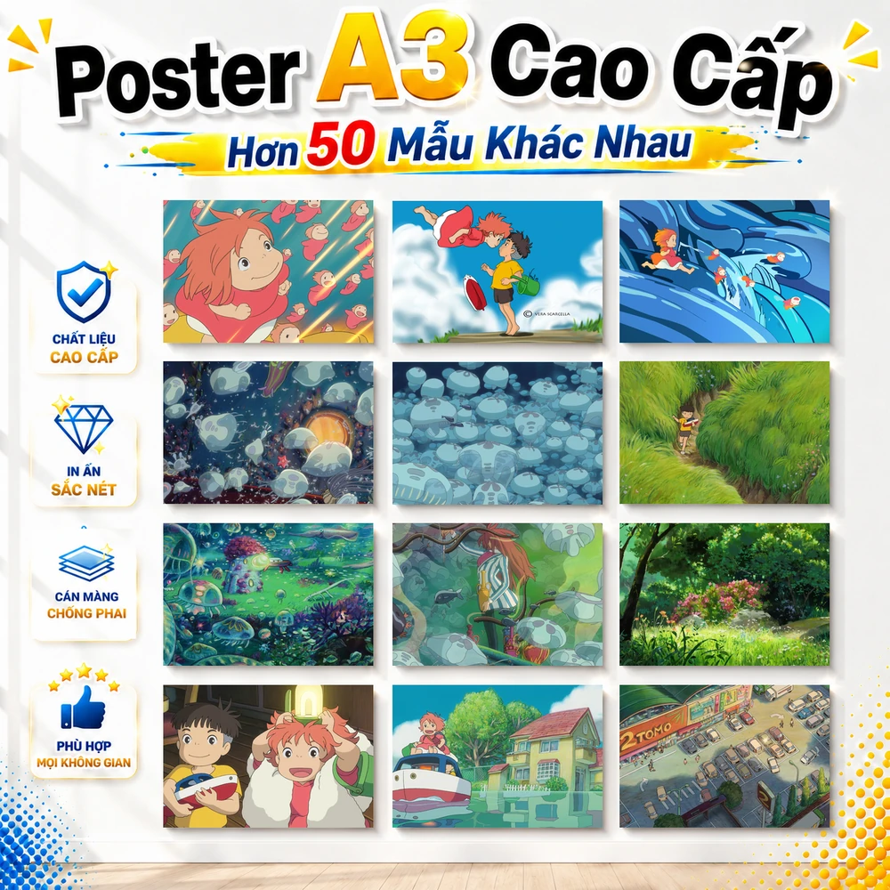 Poster A3 Cô bé người cá Anime Gake No Ue No Ponyo Bền Đẹp Có Cán Màng Bóng Bề Mặt