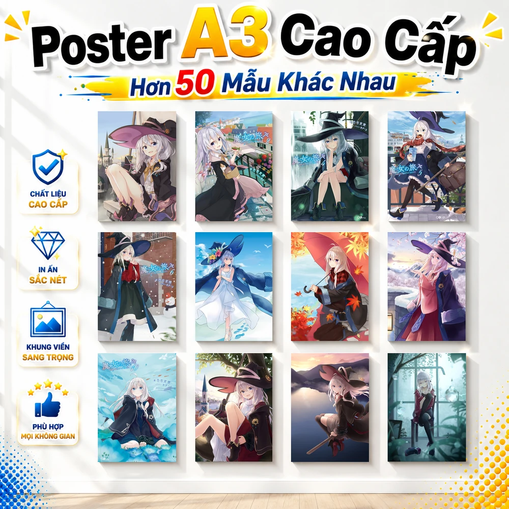 Poster A3 Elaina Anime Manga Light Novel Majo no Tabitabi Bền Đẹp Có Cán Màng Bóng Bề Mặt