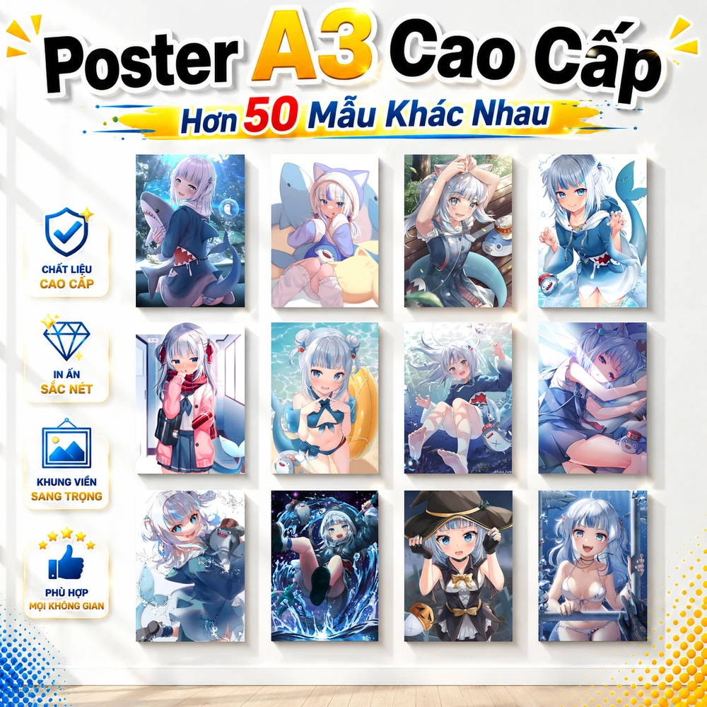 Poster A3 Gawr Gura Nhân Vật Hololive Thần tượng Bền Đẹp Có Cán Màng Bóng Bề Mặt