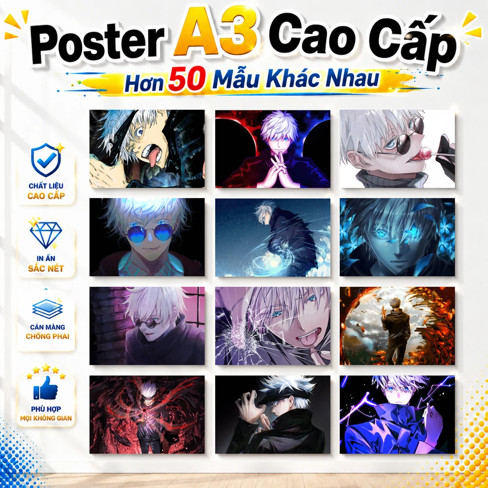 Poster A3 Gojo Satoru Anime Manga Jujutsu Kaisen Bền Đẹp Có Cán Màng Bóng Bề Mặt