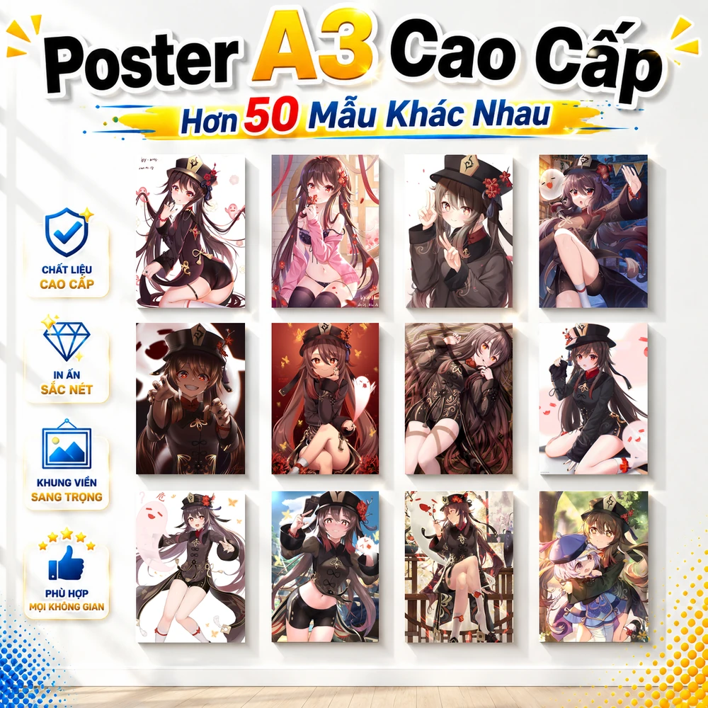 Poster A3 Hu Tao Game Genshin Impact Bền Đẹp Có Cán Màng Bóng Bề Mặt