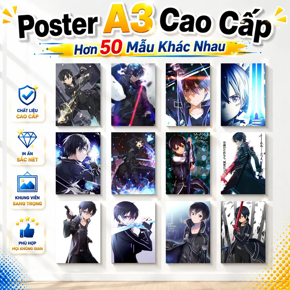 Poster A3 Kirito Anime Manga Light Novel Sword Art Online Bền Đẹp Có Cán Màng Bóng Bề Mặt
