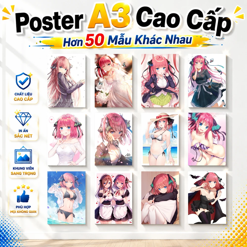 Poster A3 Nakano Nino Anime Manga Gotoubun Nhà Có 5 Nàng Dâu Bền Đẹp Có Cán Màng Bóng Bề Mặt