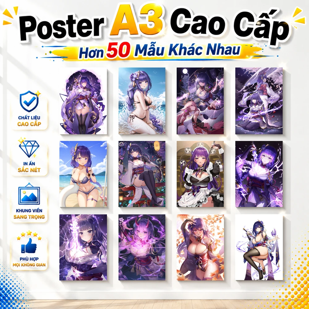 Poster A3 Raiden Shogun TH1 Game Genshin Impact Bền Đẹp Có Cán Màng Bóng Bề Mặt