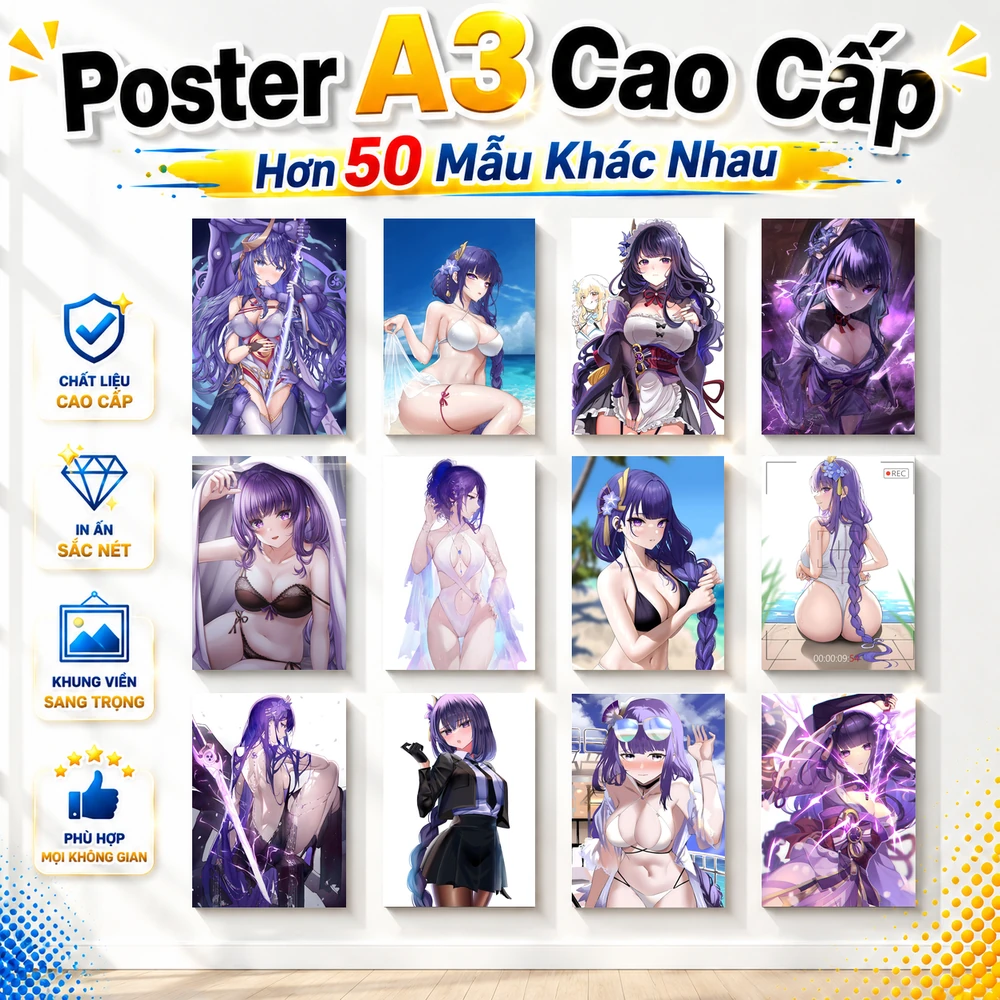 Poster A3 Raiden Shogun TH2 Game Genshin Impact Bền Đẹp Có Cán Màng Bóng Bề Mặt