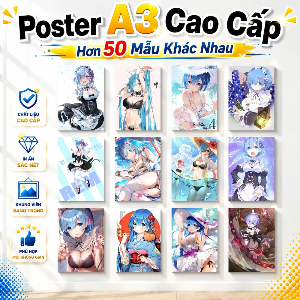 Poster A3 Rem Tổng Hợp 2 Anime Manga LightNovel Re Zero Bền Đẹp Có Cán Màng Bóng Bề Mặt