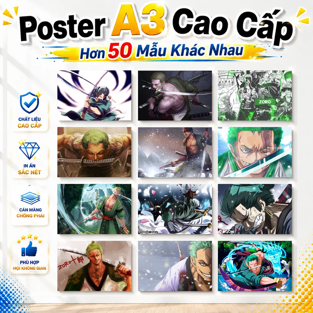 Poster A3 Roronoa Zoro Anime Manga One Piece Bền Đẹp Có Cán Màng Bóng Bề Mặt