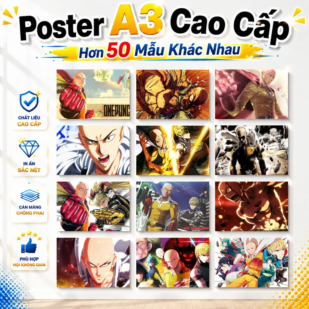 Poster A3 Saitama Anime Manga One Punch Man Bền Đẹp Có Cán Màng Bóng Bề Mặt