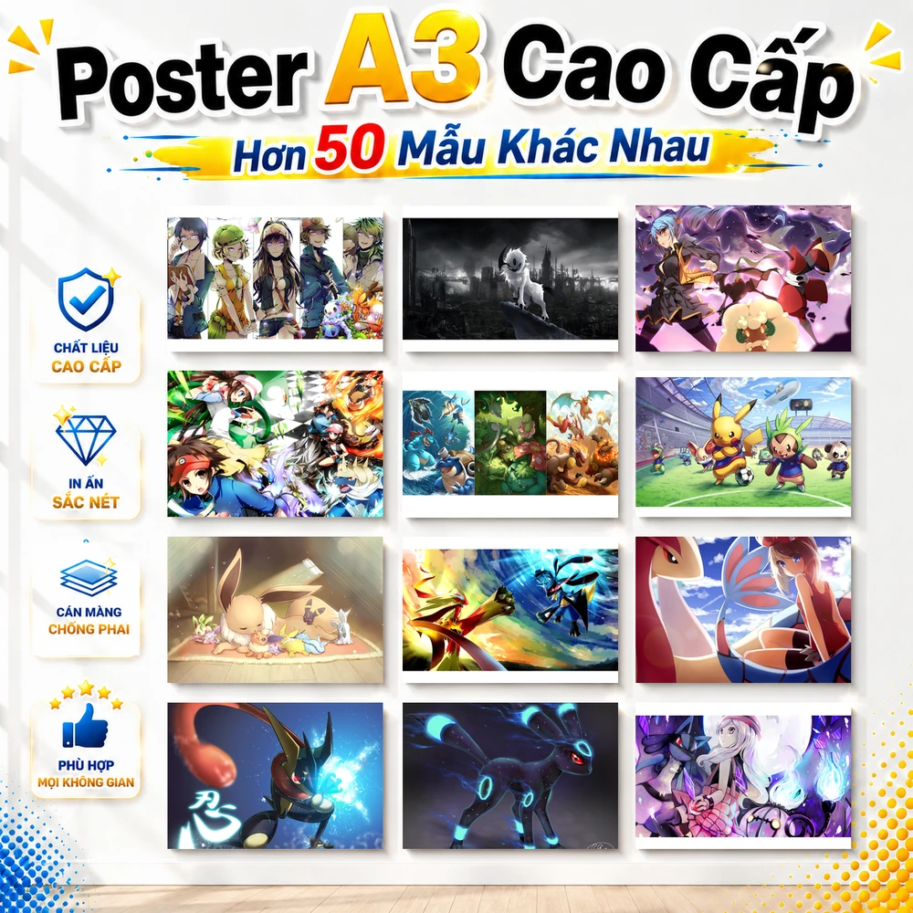 Poster A3 Tổng Hợp Ảnh Pokemon Anime Manga Movies Pokemon Bền Đẹp Có Cán Màng Bóng Bề Mặt