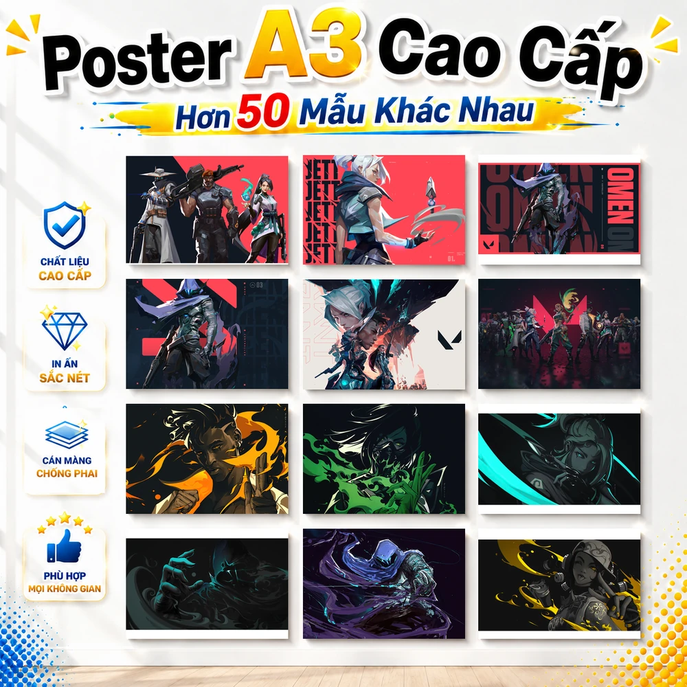 Poster A3 Tổng Hợp Ảnh Valorant Game FPS Valorant Bền Đẹp Có Cán Màng Bóng Bề Mặt