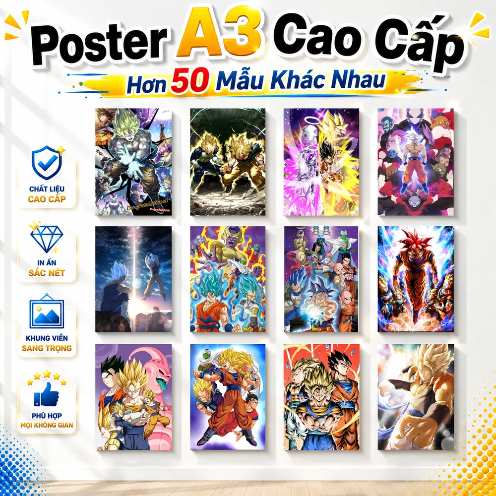 Poster A3 Tổng Hợp Nhân Vật DB Anime Manga Dragonball Bền Đẹp Có Cán Màng Bóng Bề Mặt